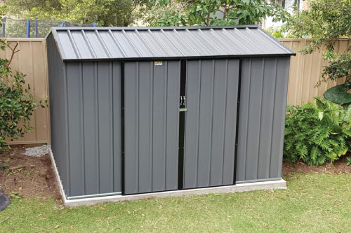 Garden Sheds by New Look Shed City. Grey Colorbond shed with double door