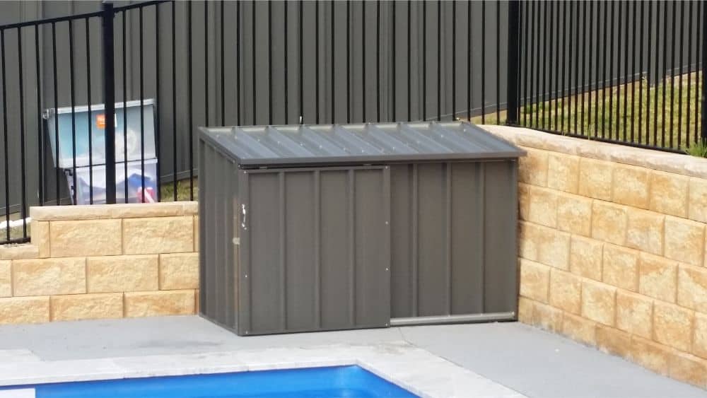 Custom Colorbond deluxe, sliding door, hinged roof, Pool Pump Cover built and installed by New Look Shed City