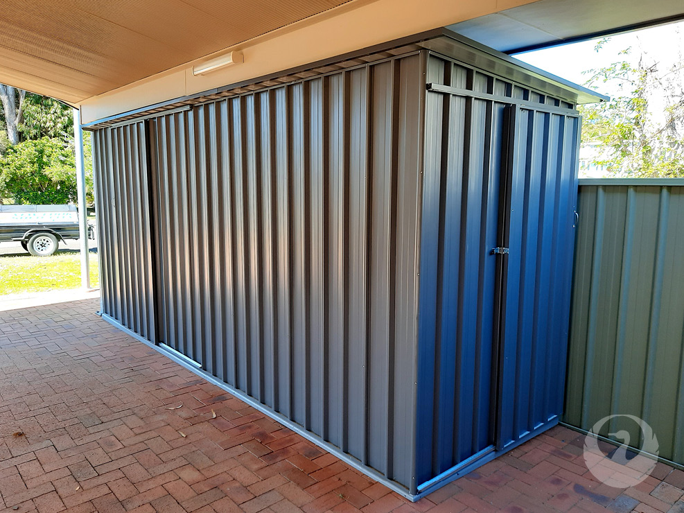Custom Built Garden Sheds by New Look Shed City. Deluxe 4.610 x 1.580 skillion shed with extra large and single sliding doors in ironstone.