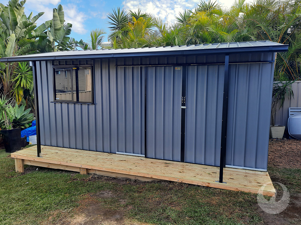 Custom Colorbond Built Garden Sheds by New Look Shed City. Deluxe 5.37 x 3.86 offset gable with double sliding doors, large window in Basalt & Night Sky trim.